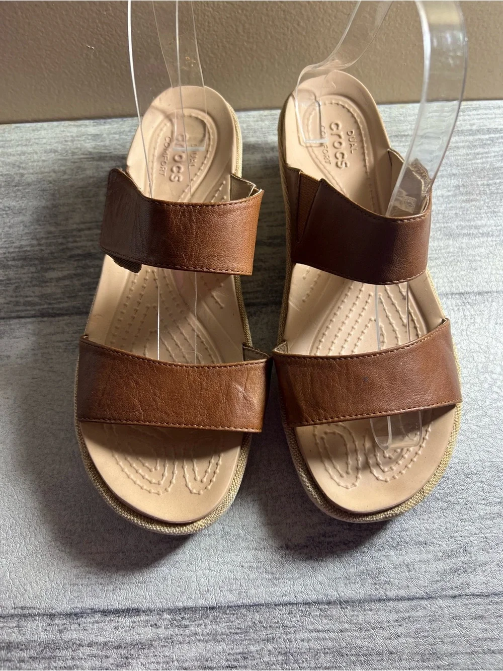 Crocs A-Leigh 2-Strap Mini Wedge Sandals Womens Size 9 Brown Leather Canvas
